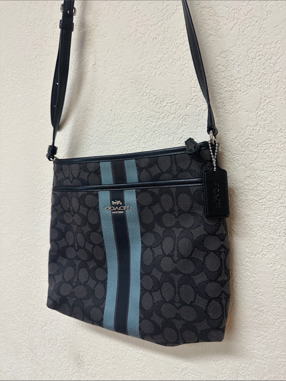 Coach Black Signature Crossbody with Blue Center Stripe OS - Picture 2 of 4